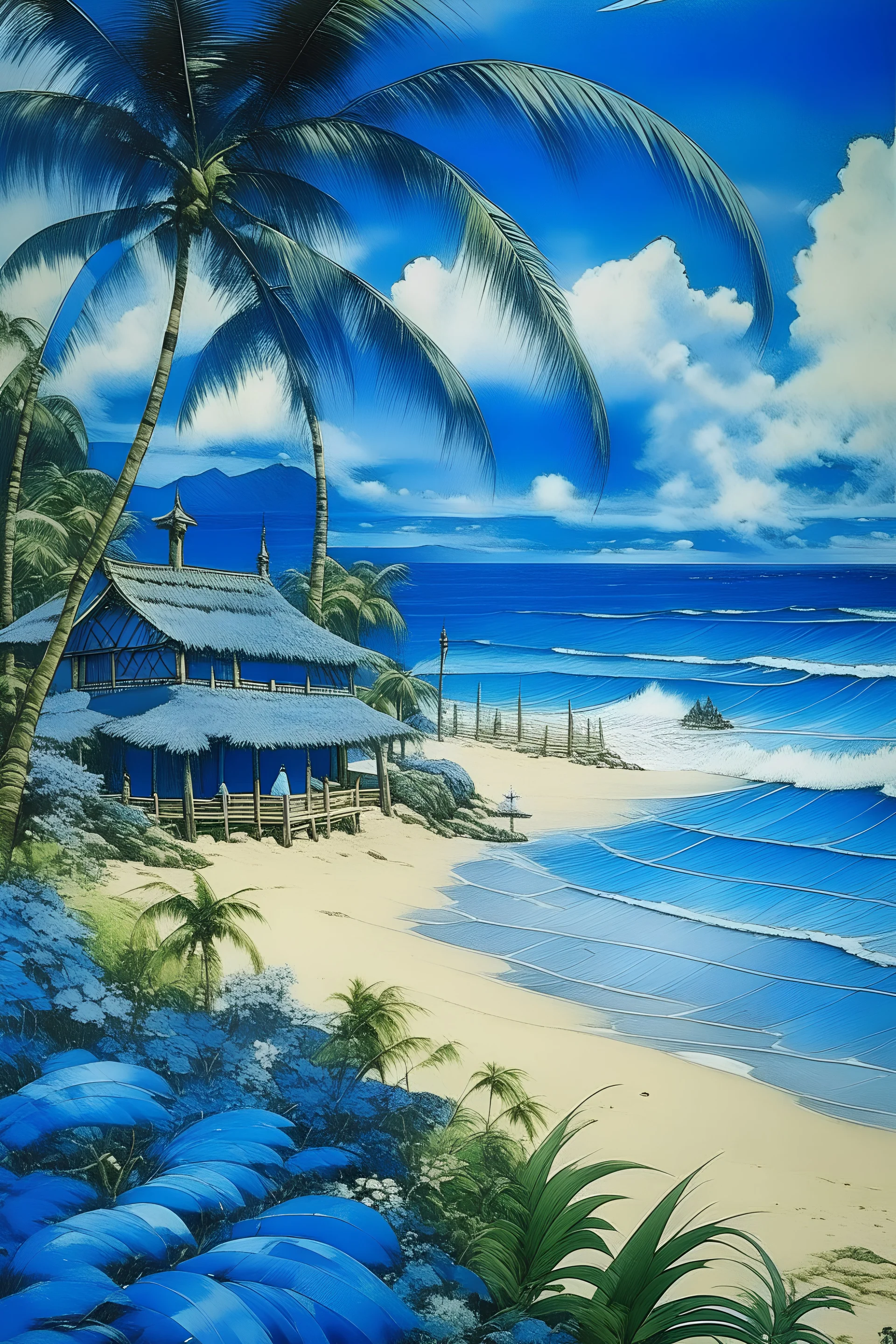 A blue resort on a beach designed in Hawaiian tikis painted by Katsushika Hokusai