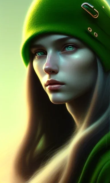 girl, cute, beautiful, long hair, wavy hair, green hair, blue eyes, green beanie, green coat, black tee shirt, head and shoulders portrait, 8k resolution concept art portrait by Greg Rutkowski, Artgerm, WLOP, Alphonse Mucha dynamic lighting hyperdetailed intricately detailed