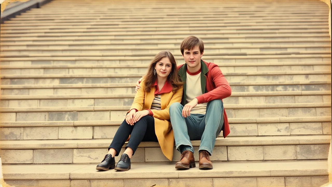 retro photo of a young couple in 70s style clothes sitting on the lower steps of the Danube stone embankment stairs in Budapest , the photo is old, stained and scratched in some places, one corner of the photo is missing, the girl's and the boy's faces are blurred and not clearly visible, behind them are many stairs