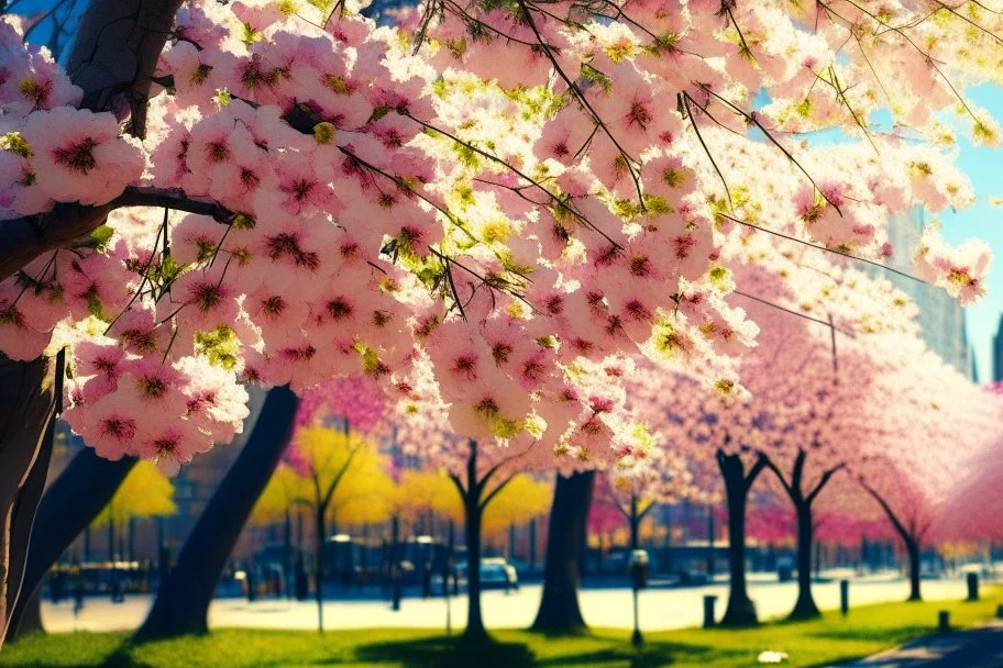 city, flowers, trees, sunny day, spring