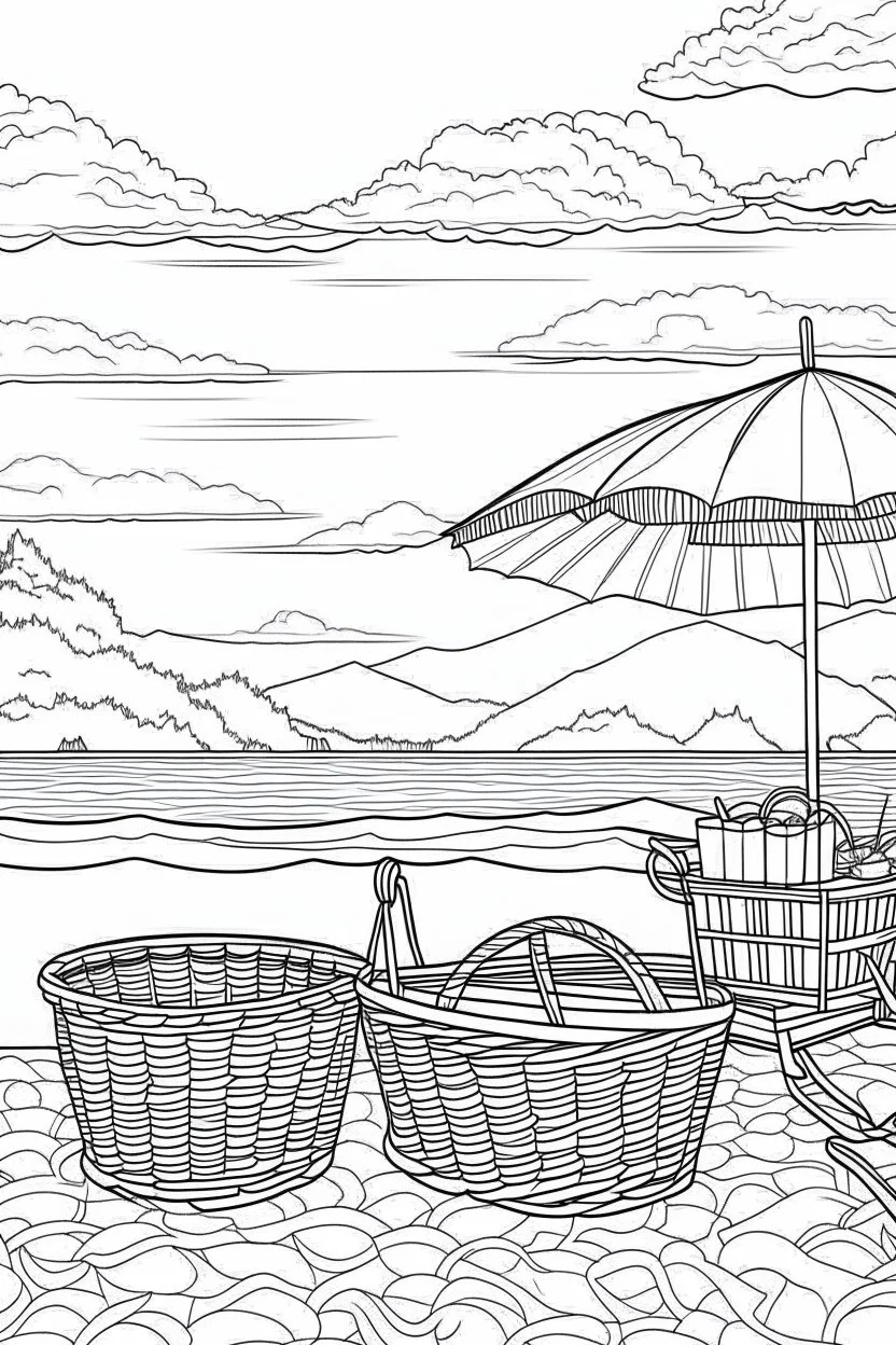 Outline art for coloring page, LARGE SQUARE PICNIC BASKET WITH TWO HANDLES, TALL BEACH UMBRELLA, HAWAII BEACH, VOLCANO ISLANDS IN THE DISTANCE, coloring page, white background, Sketch style, only use outline, clean line art, white background, no shadows, no shading, no color, clear