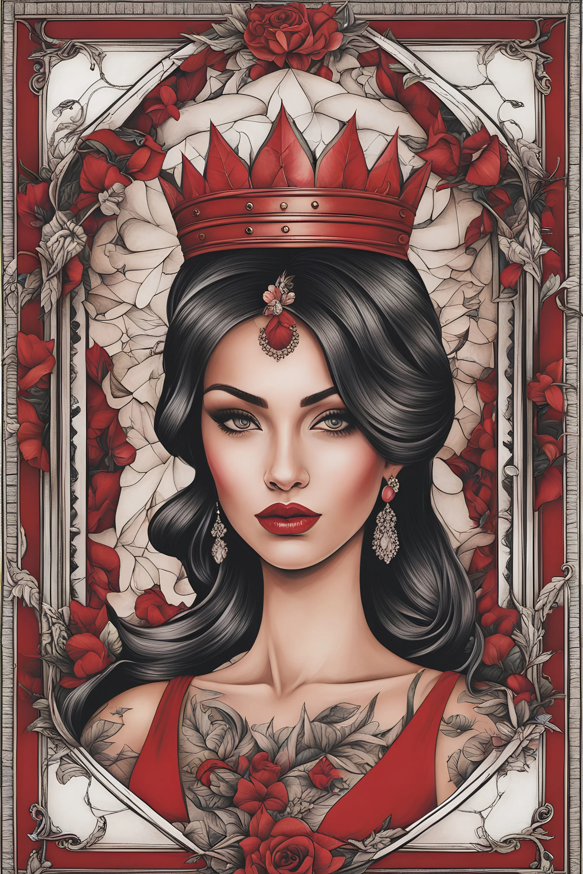 (front view, medium shot)Create a captivating visual narrative featuring Woman A, (front view, medium shot) Now, envision a tattoo on Woman A's chest, this tattoo is of a human female,who is also wearing a red dress. The transition from the woman A's crown to the human female tattoo is seamless as Both women convey a connection as they both wear large crowns