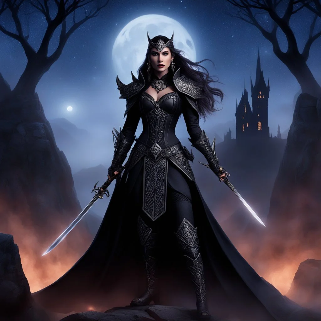the mystical vampire huntress adopts a powerful posture, her form shrouded in mystery as she stands against her foes. With an over-the-shoulder view, her bespoke warrior ensemble decorated with onyx tracery and darkness symbols shimmers under starlight, throwing spectral forms across the landscape. In this imposing Victory Position, she reveals her commanding nature through her midnight warrior garb and bearing, embodying her might and self-assurance in instances of crisis.