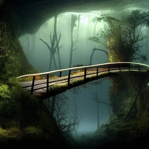 a wood bridge and a forest inside an underwater cave, school of fish, 8k Resolution, Fine-Detail, High-Quality, Intricate, Detailed Matte, 3d Octane Render, Beautiful, Stunning, Brian Froud, Selina French, Howard Lyon, Greg Rutowski, Annie Dittman, Annie Stokes