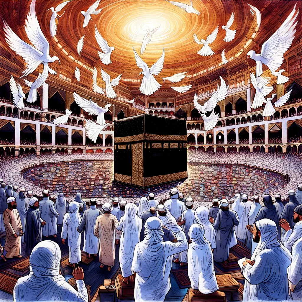 The scene in Mecca: People wearing white Ihram clothes, men without head coverings, women with veils, circumambulating around the Kaaba, and above them are transparent white spirits of children, men, and women with wings revolving around the Kaaba.