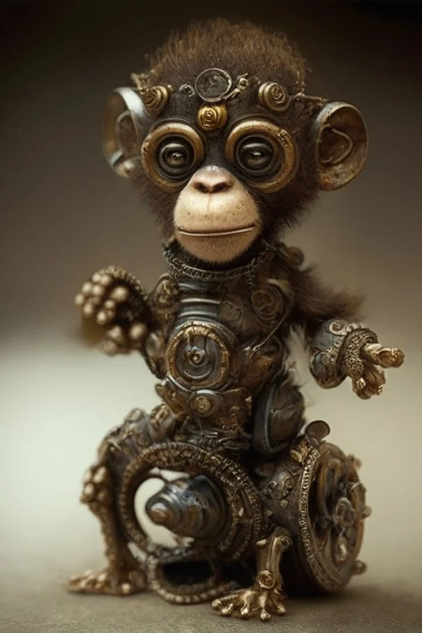 small cute steampunk mechanical monkey, made of metal