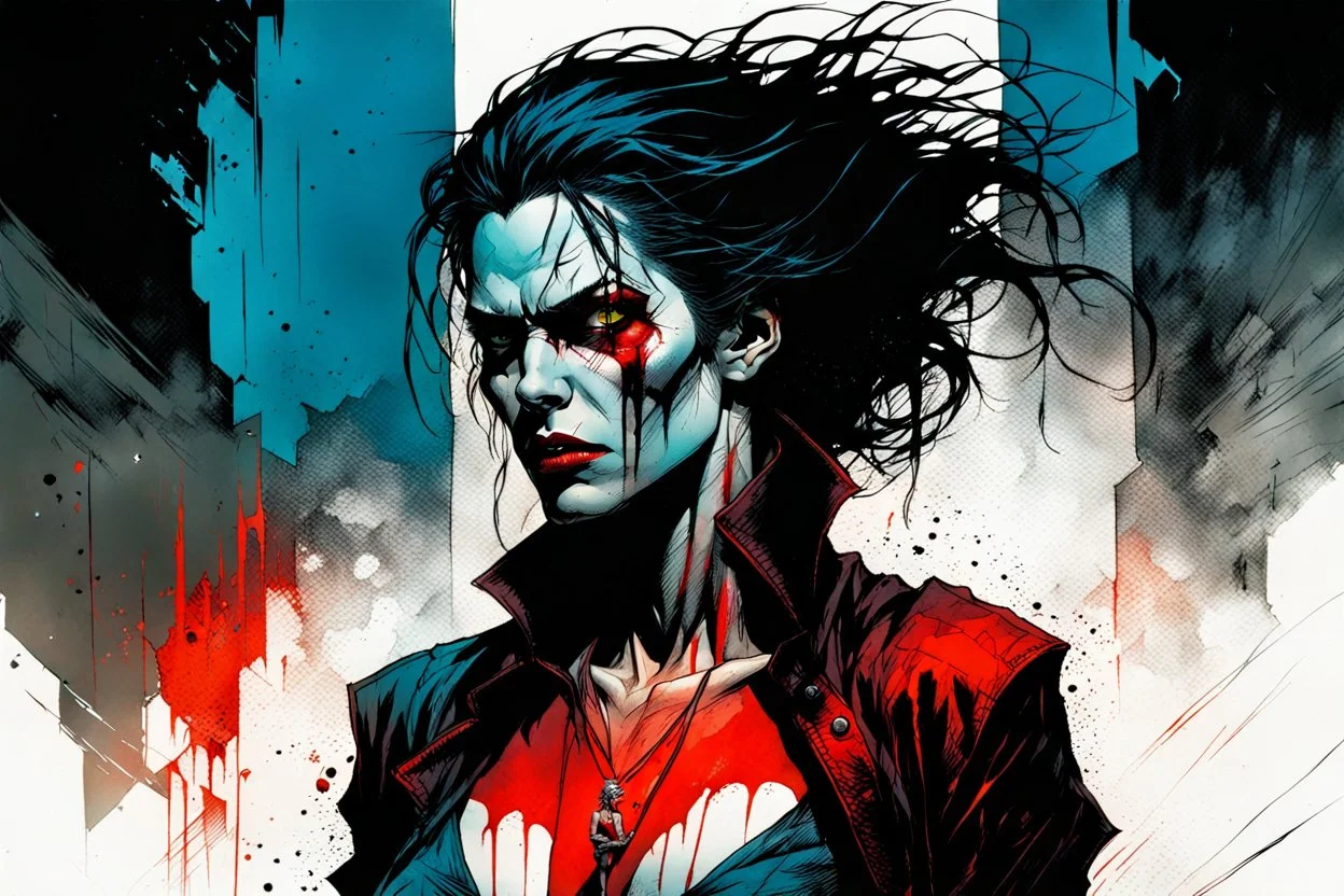 create a highly ethereal, darkly sinister full body portrait illustration of a ragged Brujah female vampire , with highly detailed and deeply cut facial features, in the comic art style of FRANK MILLER and BILL SIENKIEWICZ, searing lines and forceful strokes, precisely drawn, boldly inked, with vibrant colors, dramatic otherworldly lighting