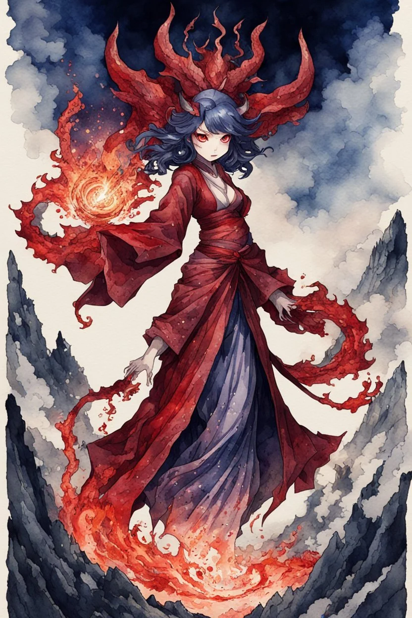 Demon girl wizard, behind Diamond elemental rising from the ground, fullbody, watercolor illustration by <Katsushika Hokusai>, darkred tones,