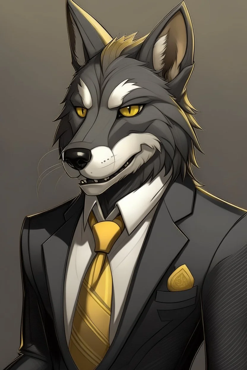 Anthro wolf himbo with black fur and gold eyes wearing a suit