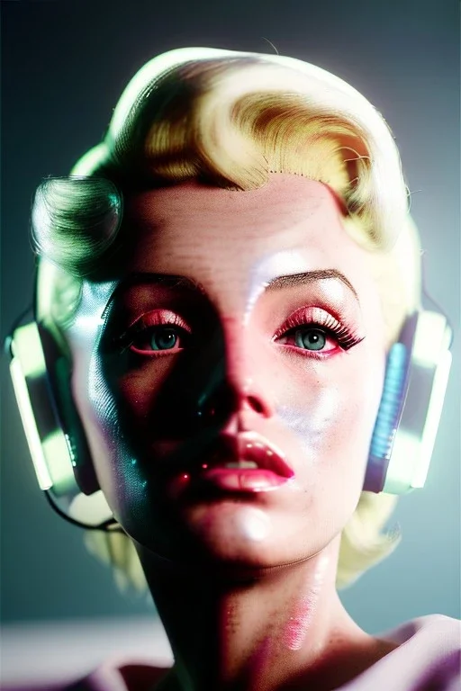 Ultra Realistic image, portrait, blonde woman, sweet Marylin Monroe face, perfect iris, glow eyes, makeup. Retro sci-fi style, helmet, tight latex coat, fog, rain, soft color, highly detailed, unreal engine 5, ray tracing, RTX, lumen lighting, ultra detail, volumetric lighting, 3d, finely drawn, high definition, high resolution.