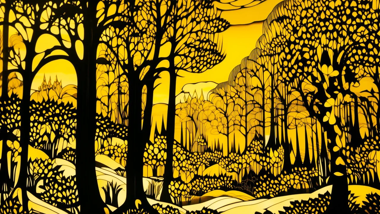 A yellow forest in a realm of light designed in Lascaux cave paintings painted by Roy Lichtenstein