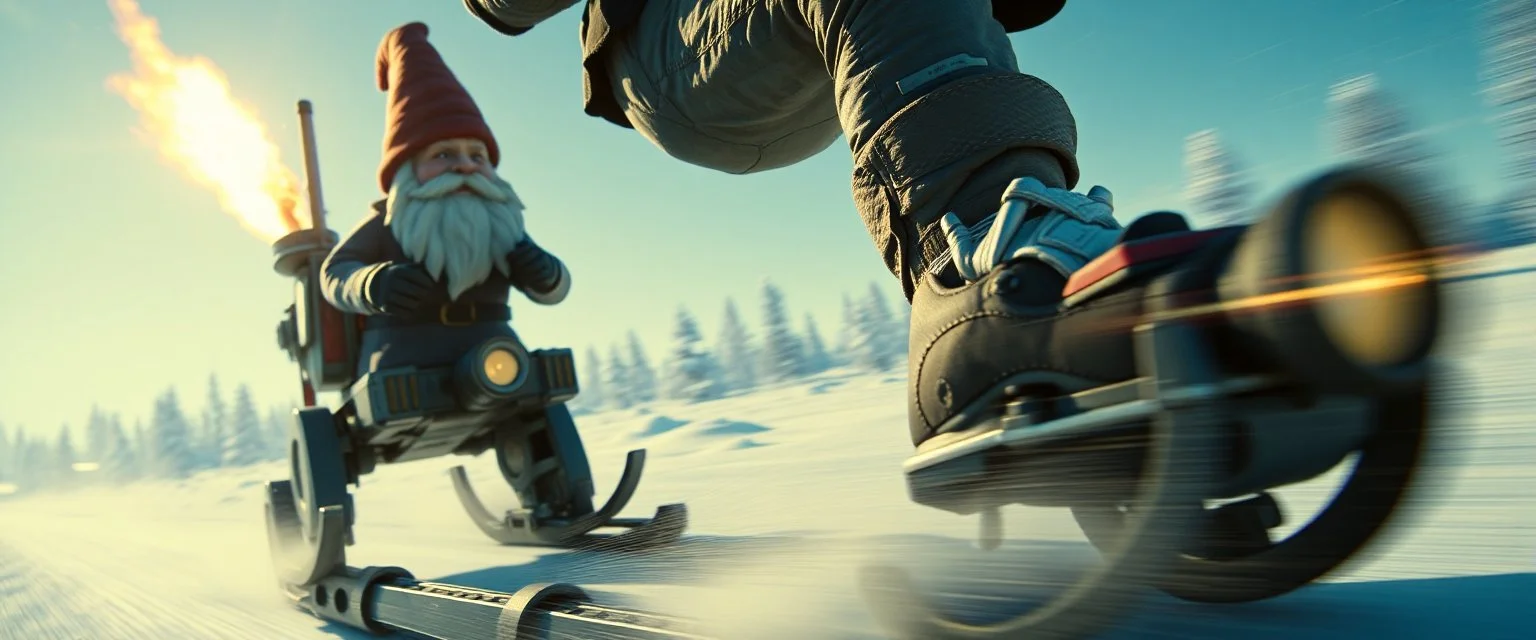 close up on gnome hit man with rocket boots in suit on a mech sled in winter wasteland, style of fallout 4, high speed with motion blur, on elevated road