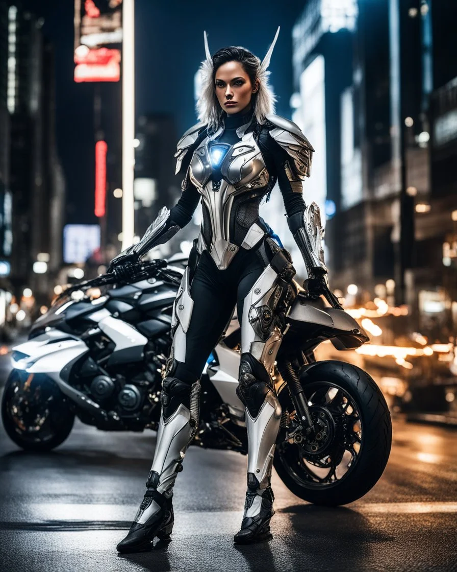 full image street photography art full body beautiful woman angels warrior character, anthropomorphic figure, wearing futuristic cyborg warrior armor and weapons, on night city street driving ducati motorsports