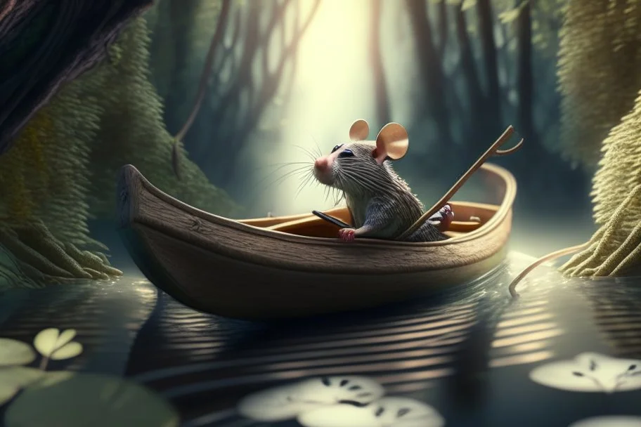 strong mouse rowing in boat, in forest by stream, book illustration, fine detail, 4k, trending, volumetric light, depth of field