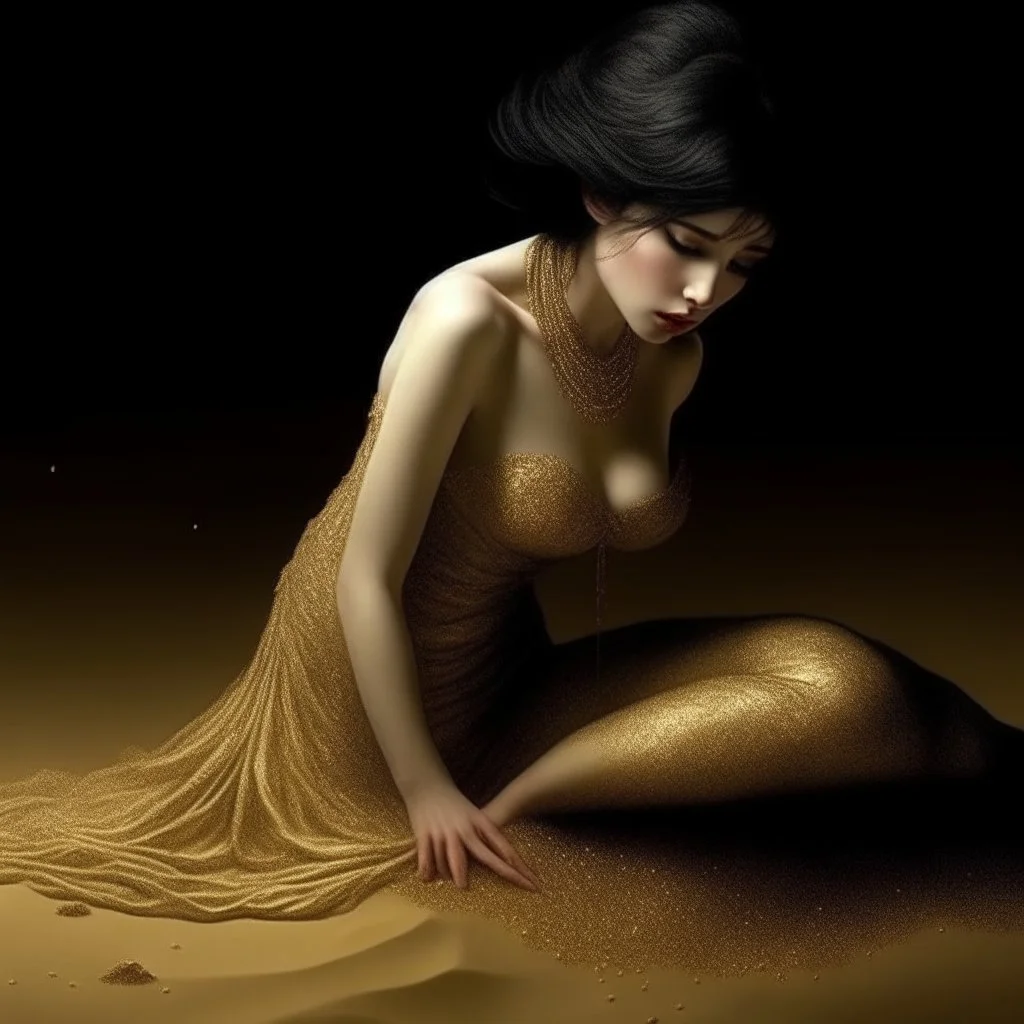 (Masterpiece1:5) By(Jan Saudek:Natalie Shau:1.5) (highest quality) (ultradetailed:1.5),bright Foreground with (gold sparkles floating Intricately through the painting:1.5),attractive and content black haired woman 😁, the beach with snoot lighting is the defining light source,gold dress melting into the sand 😅),dreamlike, (surreal:0.5) beach with soft sand, High contrasts, vibrant colors, flawless Composition,Soft Lighting Create Depth Of Field. accentuates the beauty of the