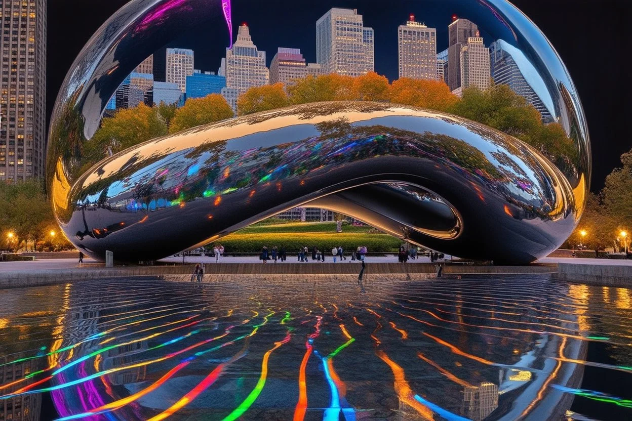 An intricate image using shimmering multicoloured neon lines of Millennium park and the Bean of the city of Chicago by Lake Michigan. Black Background, reflective ripplying water floor.