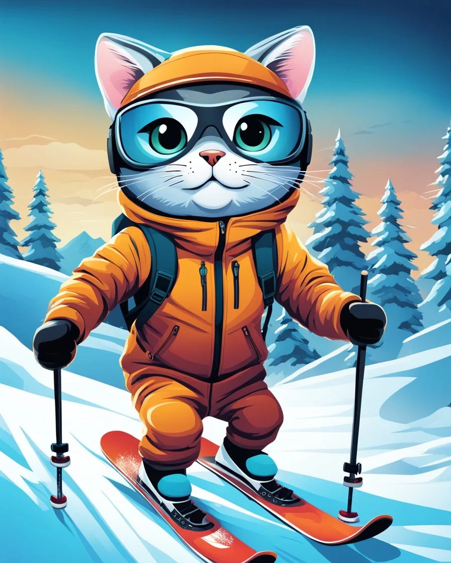 Hermosa ilustración coloreada arte graffiti de un gato antropomorfico con traje de esquiador, esquiando en la nieve, calidad ultra, hiperdetallado,12k