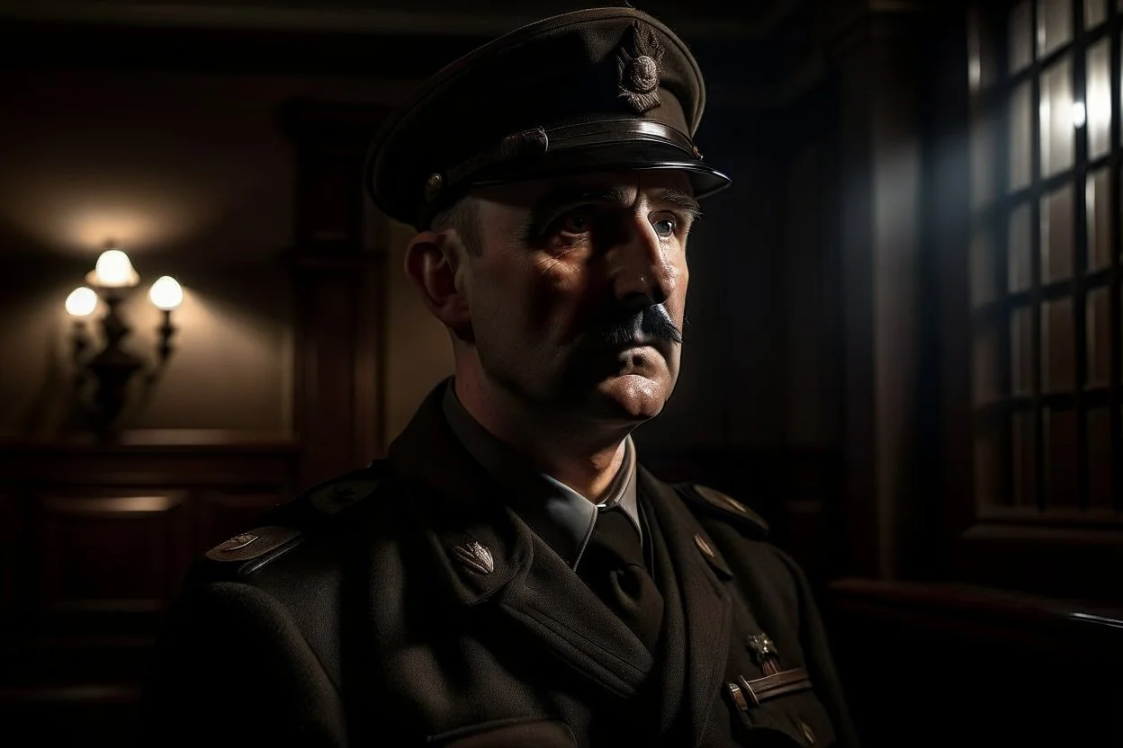 ww1 cop close-up, ww2 dark mansion hall background