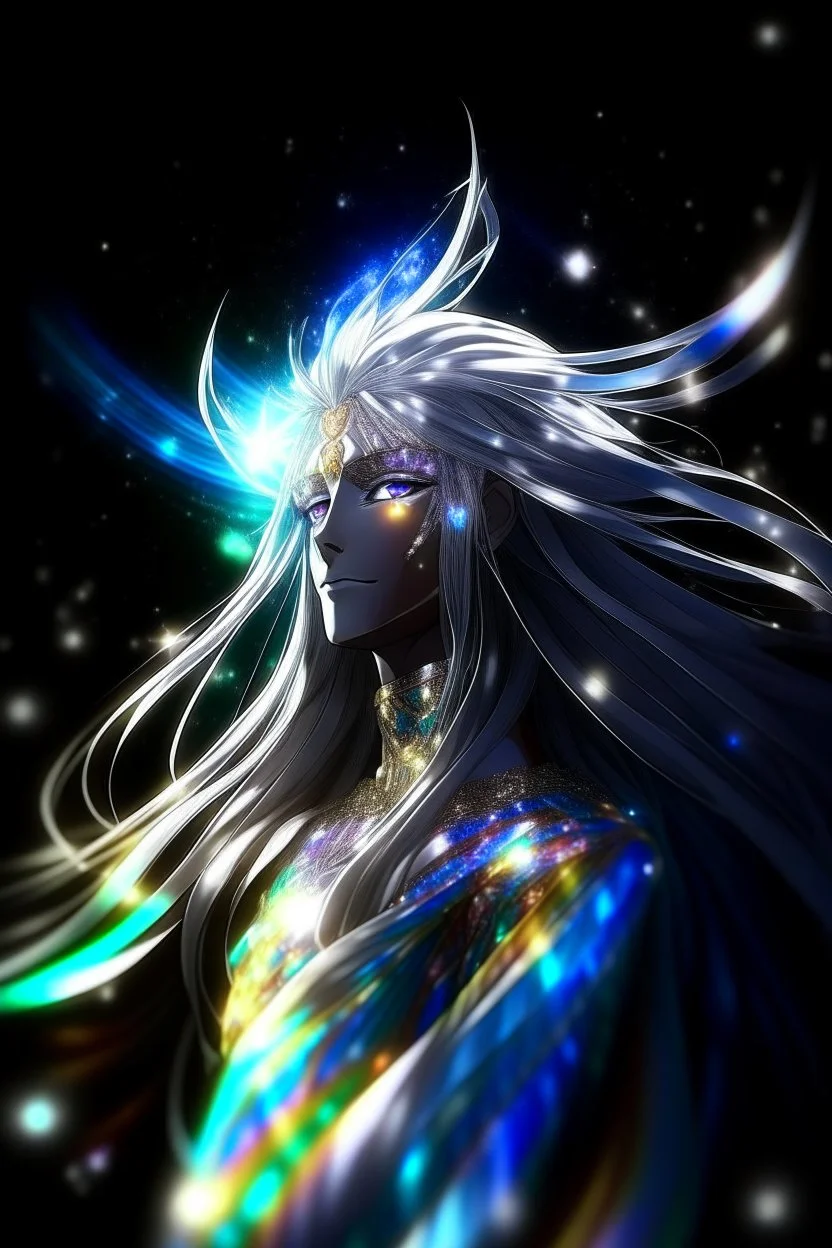 prismatic hair Eladrin astral Male antlers druid beard sparkling radiance prismatic shining starlight enshrouded