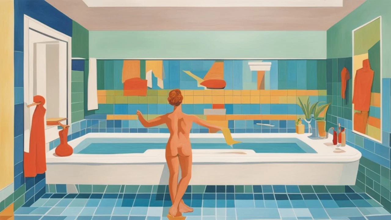 CREATE A pictorial composition BY creatively MIXING the works of "Bathroom Collage" by Tom Wesselmann and "Pool 2 Figures" by David Hockney