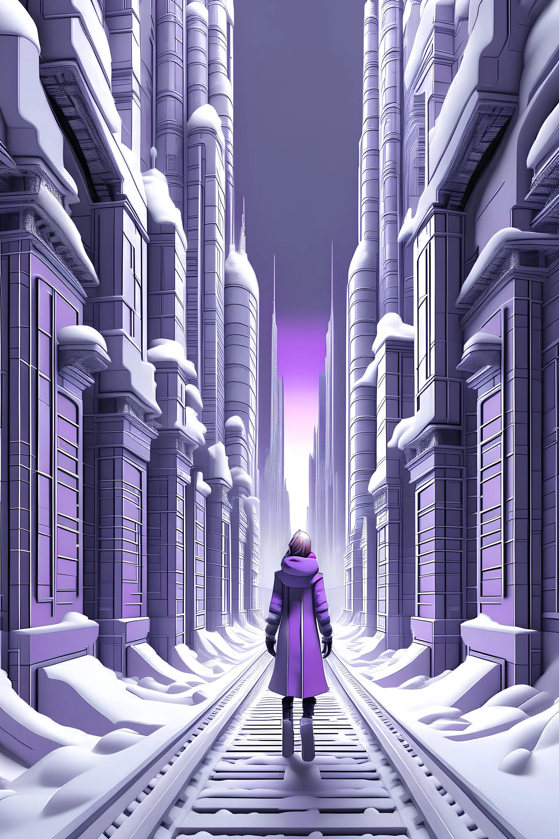 snowy megacity in purple, white, grey, and black perspective of a person from within an alley with arches and towers skyline filled with structures not photorealistic but stylized