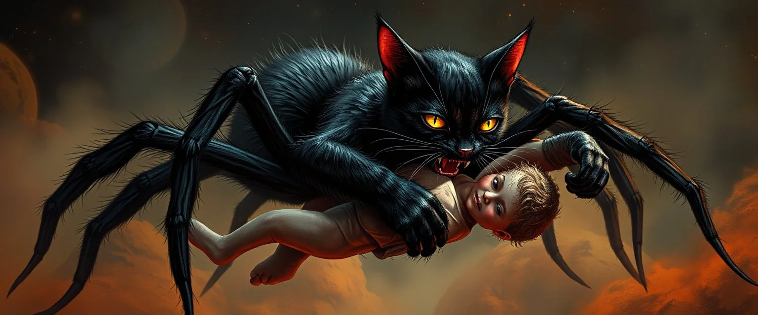 vampire space spider cat holding a human in its grip