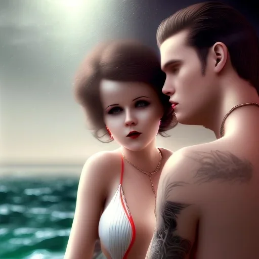 Aaron Carter with sexy Clara Bow, stormy seas, two people, Aaron Carter, romance, romantic, water, swimming, DAZ3D, by Michael Turner, soft lips, cinematic lighting, studio lighting, shine, 4K, fantastic view, girls at beach with her.