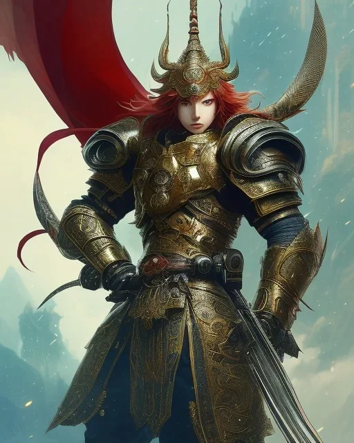 Detailed anime creature, red hair, dragon scale armour, intricate details, full body portrait, keep head in frame, slight smile, black Japanese motif, concept art, highly detailed, digital painting, concept art, sharp focus, illustration, art by Yoji Shinkawa, WLOP and greg rutkowski and alphonse mucha and artgerm and yanjun Chen and Junji ito and Makoto Shinkai, HDR, octane render, dark background