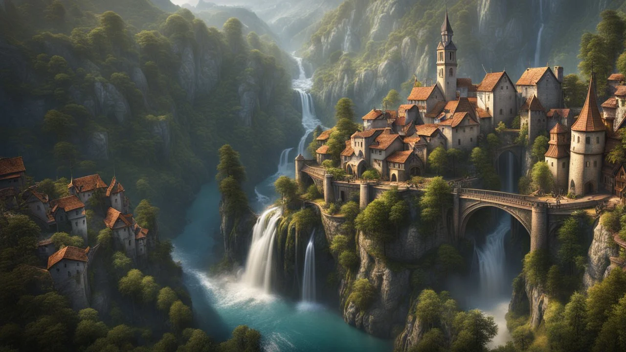 a small medieval town at the end of a steep, very tall ravine. multiple waterfalls, a masterpiece, fantasy concept art, dynamic lighting, hyperdetailed, intricately detailed, deep color, Unreal Engine, volumetric lighting, Epic cinematic brilliant stunning intricate meticulously detailed dramatic atmospheric maximalist digital matte painting