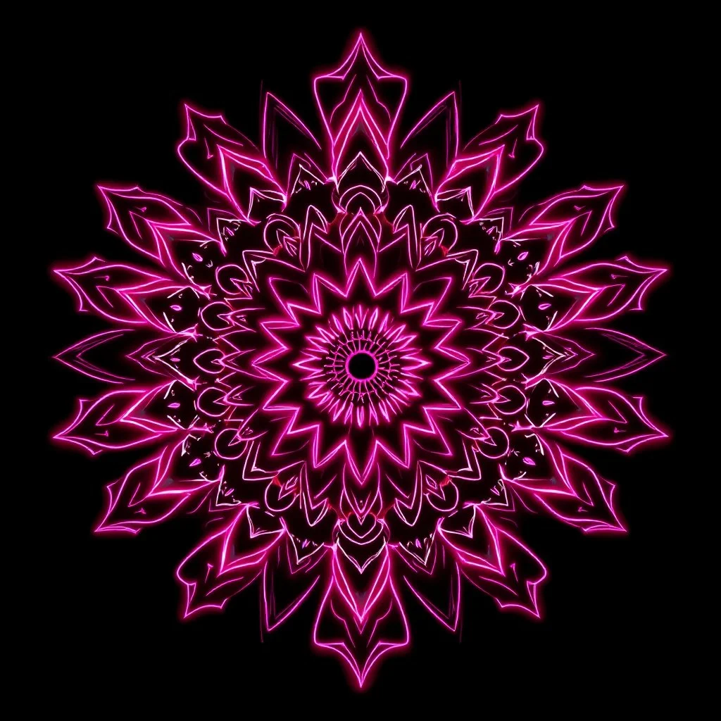 Hip Hop Wireframe Pink & Maroon Neon Mandala On Black Background.