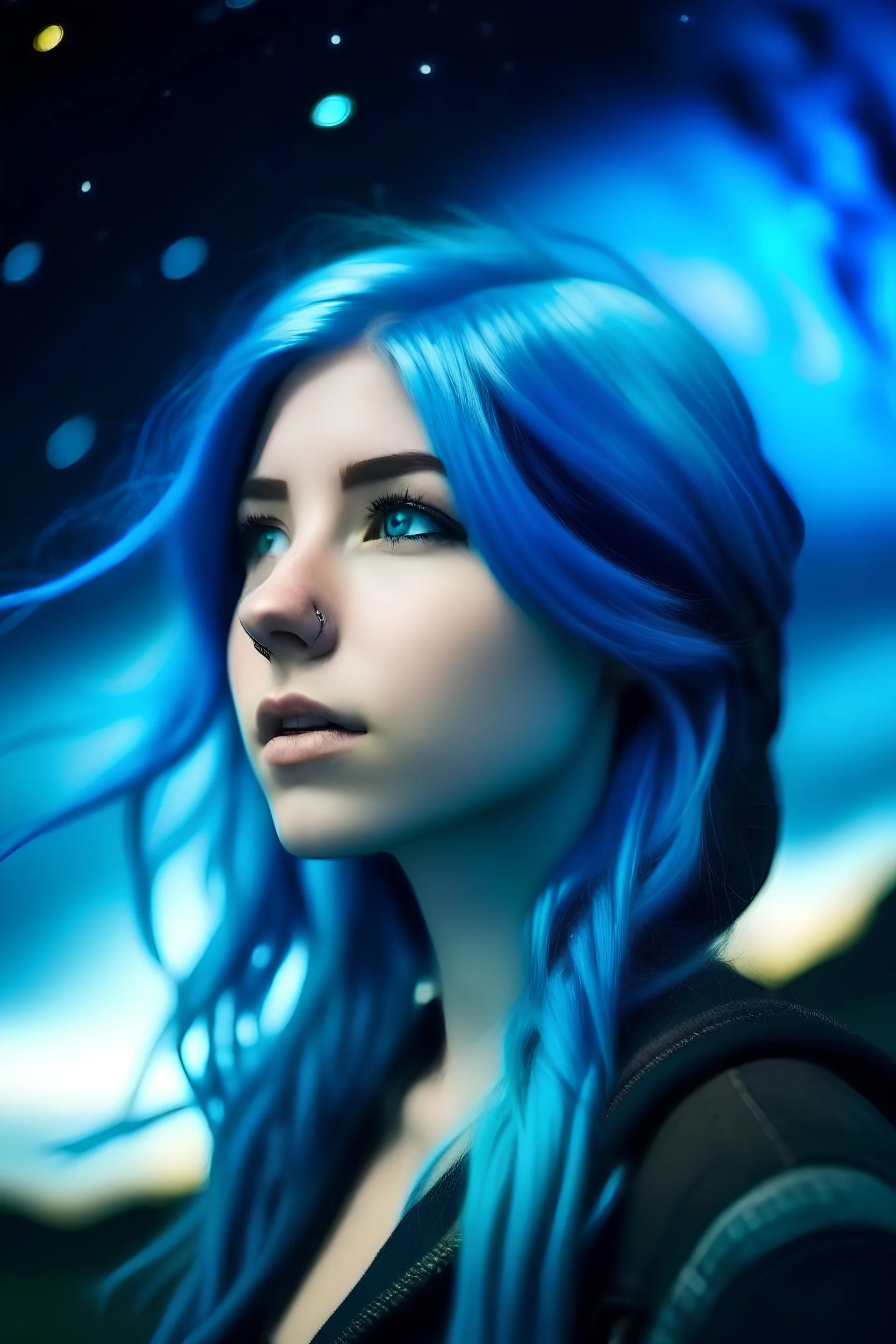 Beautiful woman blue hair viking cosmic galactic stary sky behind aurora borealis