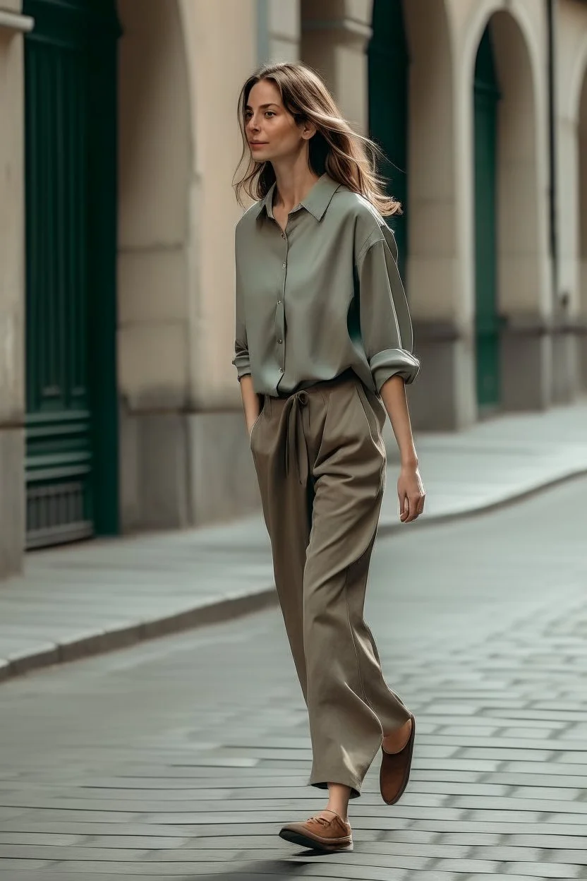 woman walking around in long pants and long shirt