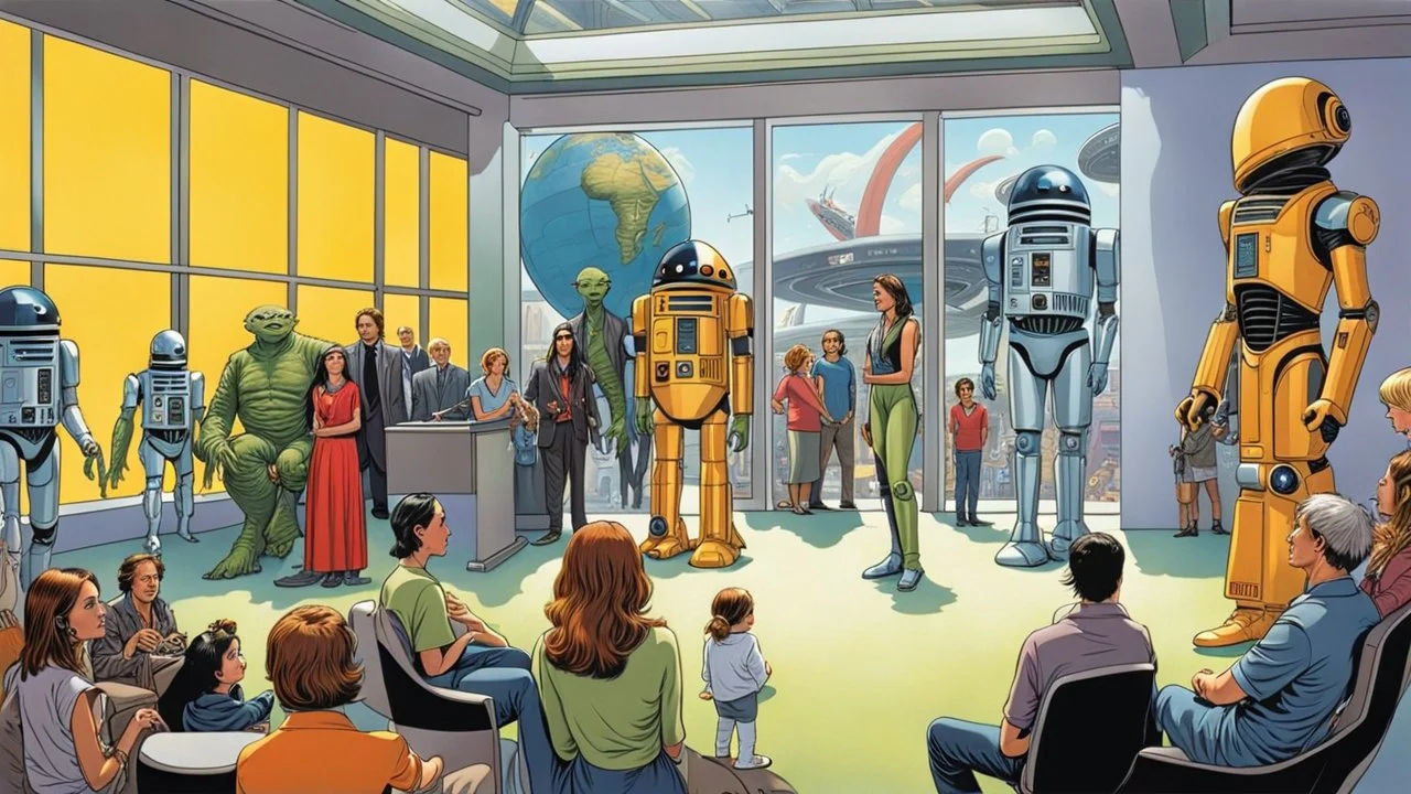 in the futuristic waiting room of a studio, a large crowd waits in front of a giant glass door, aliens of all sizes, colors, and looks, droids, mutant girls, strange fantastical creatures, and a few human-like beings linger in the crowd. high detalied, sharp focus, photorealistic