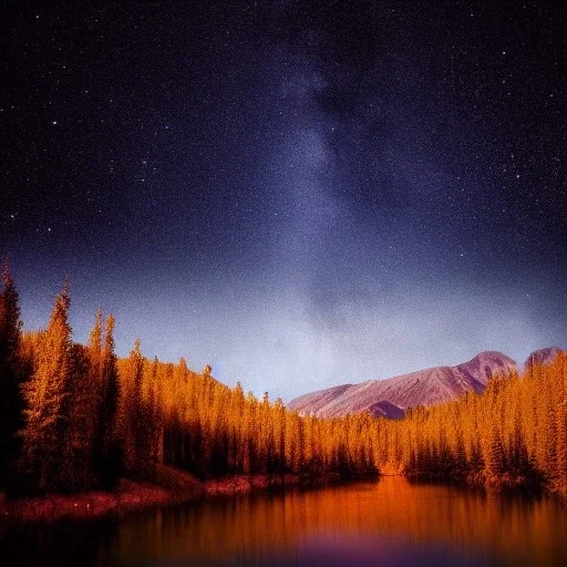 forest at night, river, mountain, night sky, landscape, detailed, 3d, photo