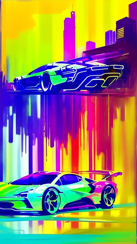 futuristic supercar, hand draw urbansketch art style inspired by Marta Vilarinho de Freitas, flat, vector illustration, urban sketch cyberpunk 2099 blade runner 2049 neon neo-impressionism expressionist style oil painting, smooth post-impressionist impasto acrylic painting, thick layers of colourful textured paint futuristic futurism noir