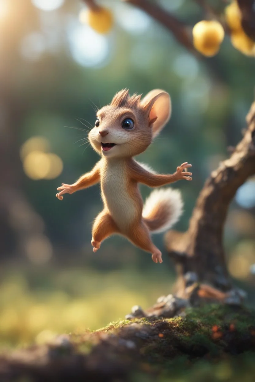 daisy jumping squirrel elf in angry talking mutant tree, bokeh like f/0.8, tilt-shift lens 8k, high detail, smooth render, down-light, unreal engine, prize winning