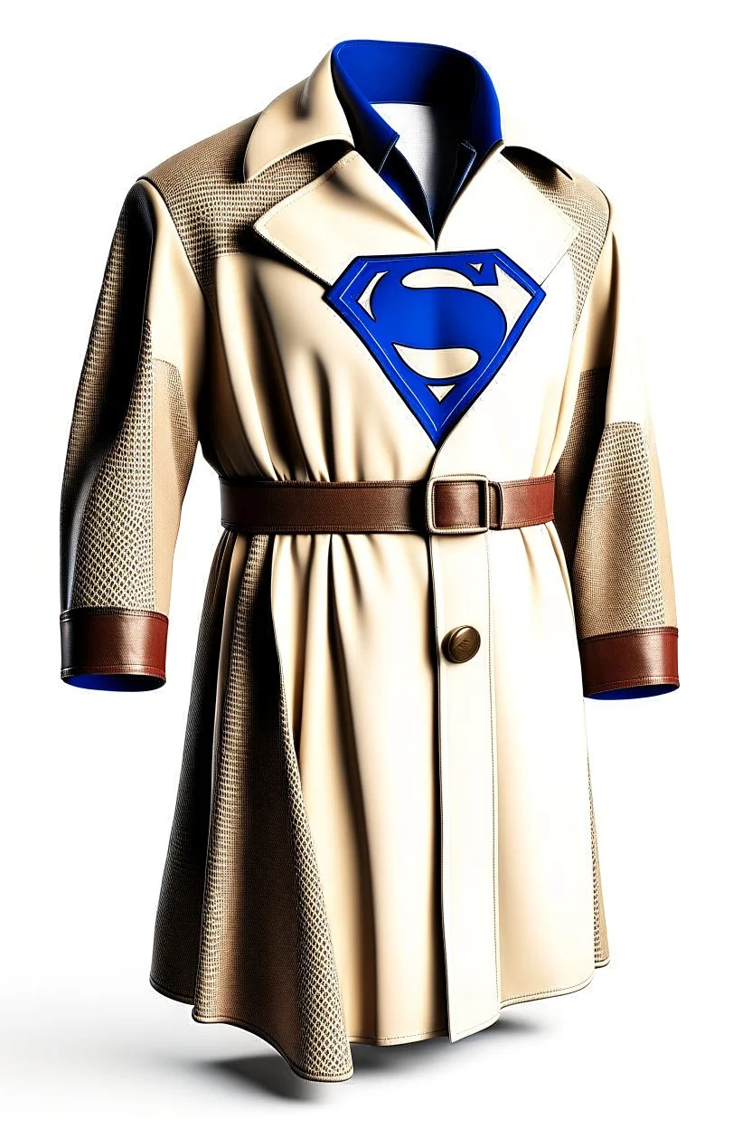 Superman's Aldo Conti trenchcoat Winter elegant inspired by Superman's emblem design beige tones with dual color on a white background, product catalog photography, soft spot lighting, depth of field, 4k –ar 3:5 –q 2