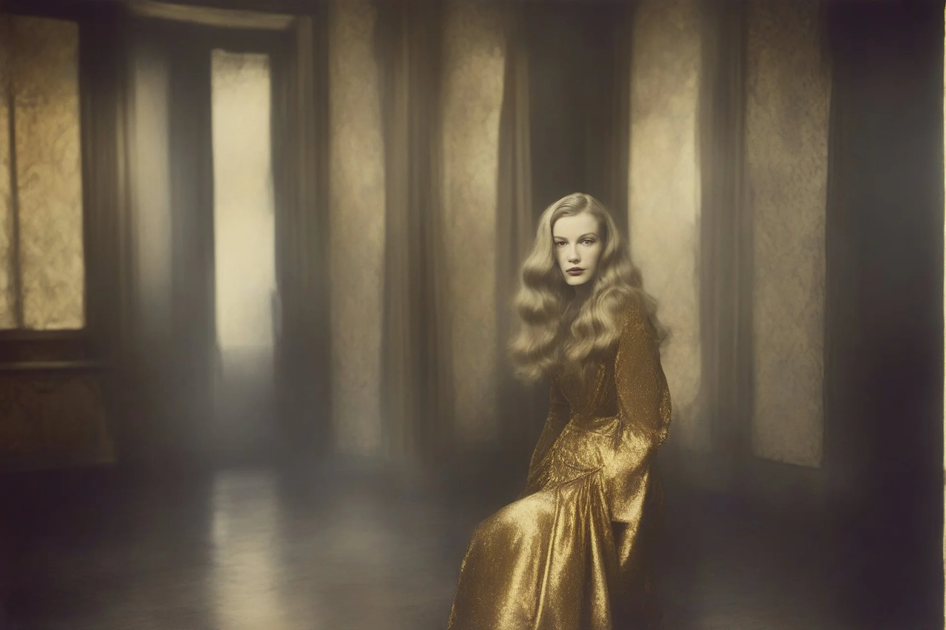 Actress Veronica Lake, without a face, , hippie girl, gold paint,, in a liminal empty room, old autochrome