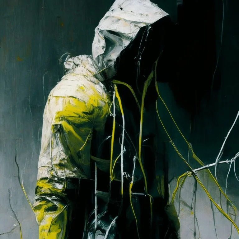 Minimal contemporary abstract oil paintings close up person wearing hazmat suit limbs sinew and concrete fragments. Wires hanging. illuminated at night style of Justin Mortimer And Francis bacon And ashley wood