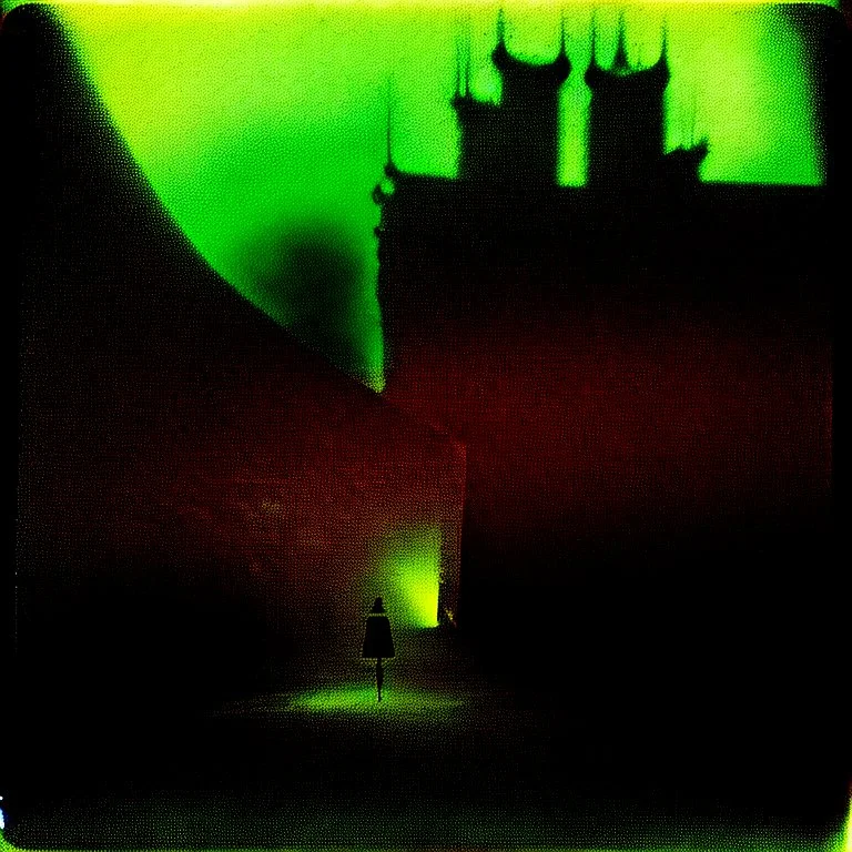 Odd dark street creepy fog colours strong texture artistic polaroid volumetric light, Yves Tanguy René Magritte Gustav Klimt 8k 3d abstractism, person, intricate