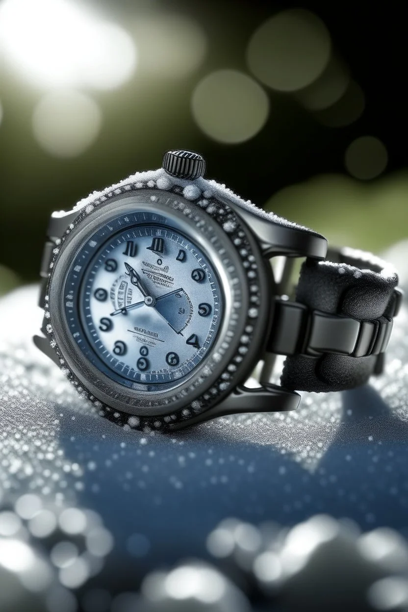 "Generate an image of a frosted watch in an outdoor, snowy setting. The watch should glisten under the winter sun, with snowflakes delicately resting on its surface."