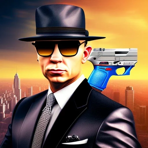  spray paint art,upper body of pit bull mafia boss with hat, holding up auto-pistol and wearing suit, city streets in background,run for cover, book illustration