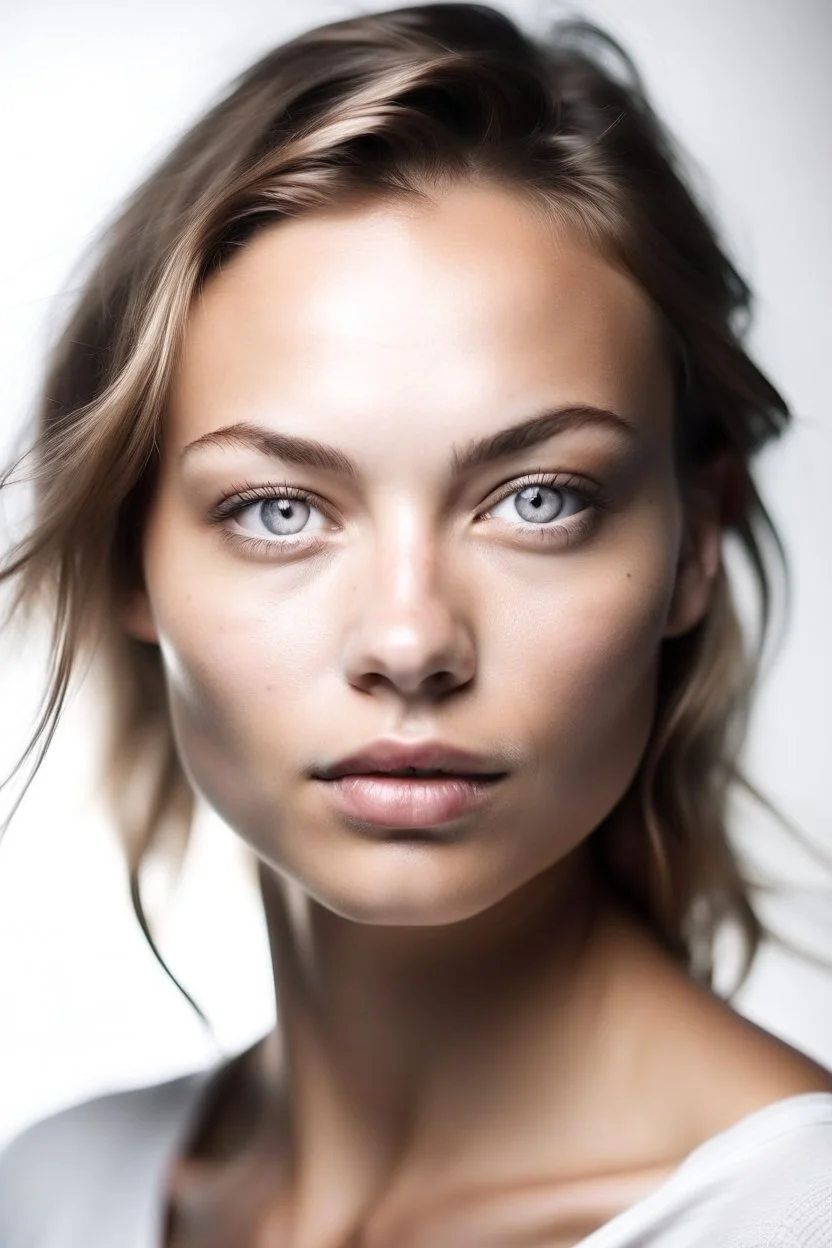 Stunning natural true colors and not too saturated professional photography showing the beautiful face of a younf woman on a white background