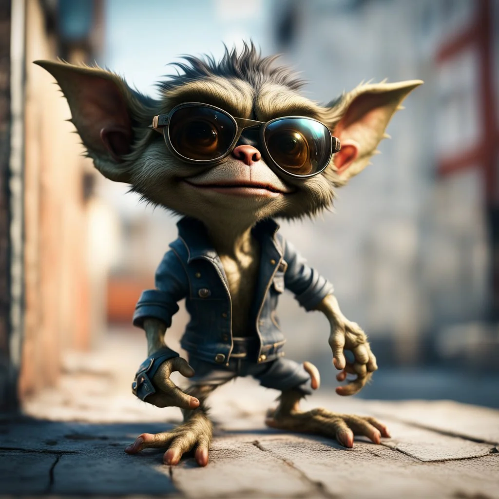 cool gremlin leaning against a wall, wearing flip down sun glasses, in the style of a fallout 4,bokeh like f/0.8, tilt-shift lens 8k, high detail, smooth render, down-light, unreal engine, prize winning