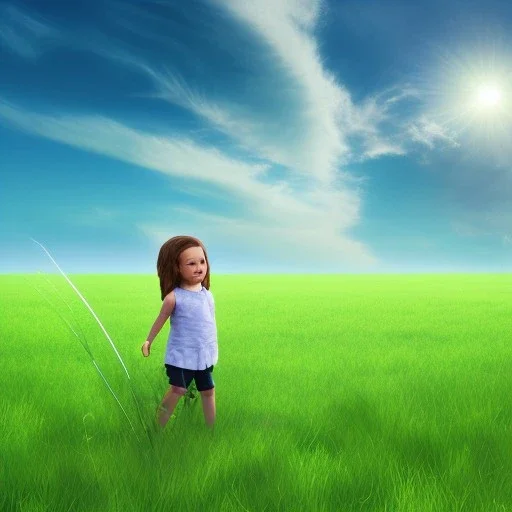 child on green field with bleu sky