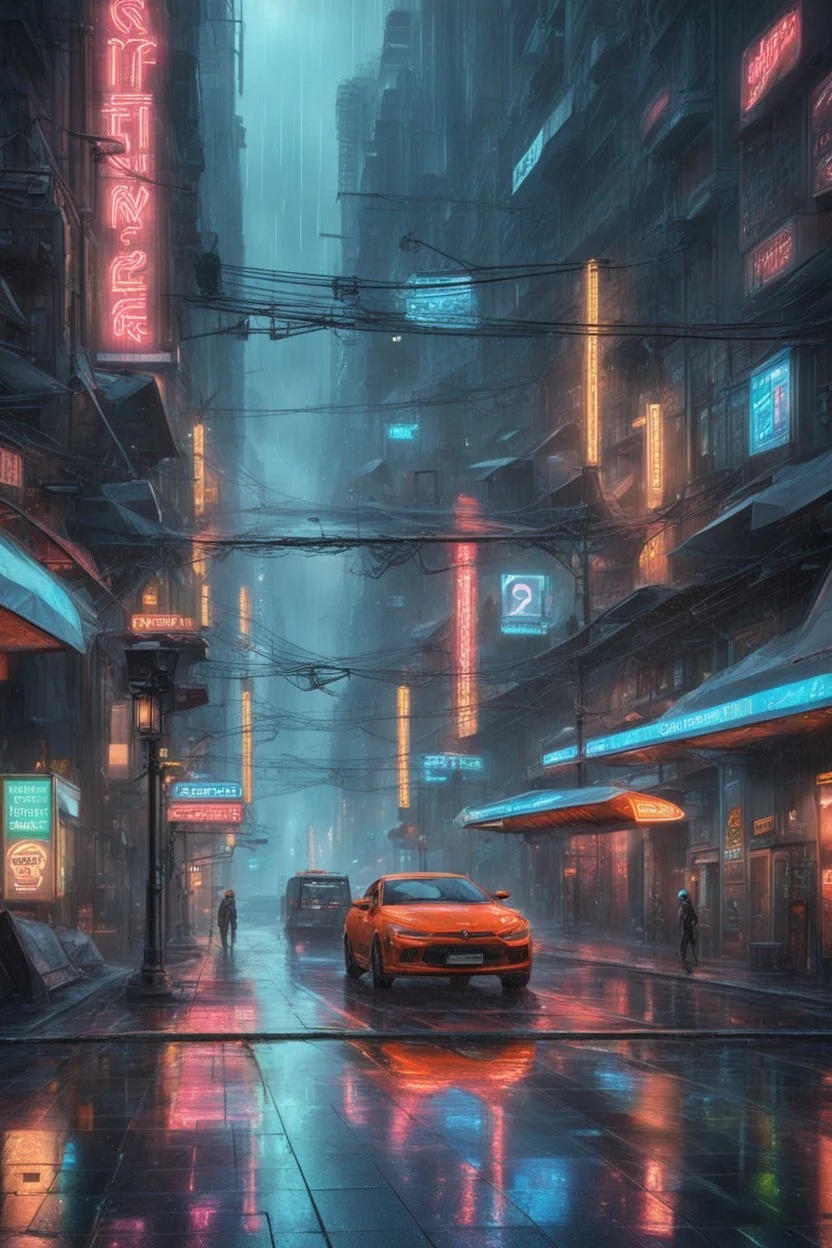 Higtech futuristic city street on a rainy, drizzling evening. The wet pavement reflects the cold light of futuristic neon signs and street lamps and creates a special atmosphere. some cars are parked on the street and some pedestrians are hurrying with futuristic floating umbrellas or transparent protective bubble in the rain on the street.