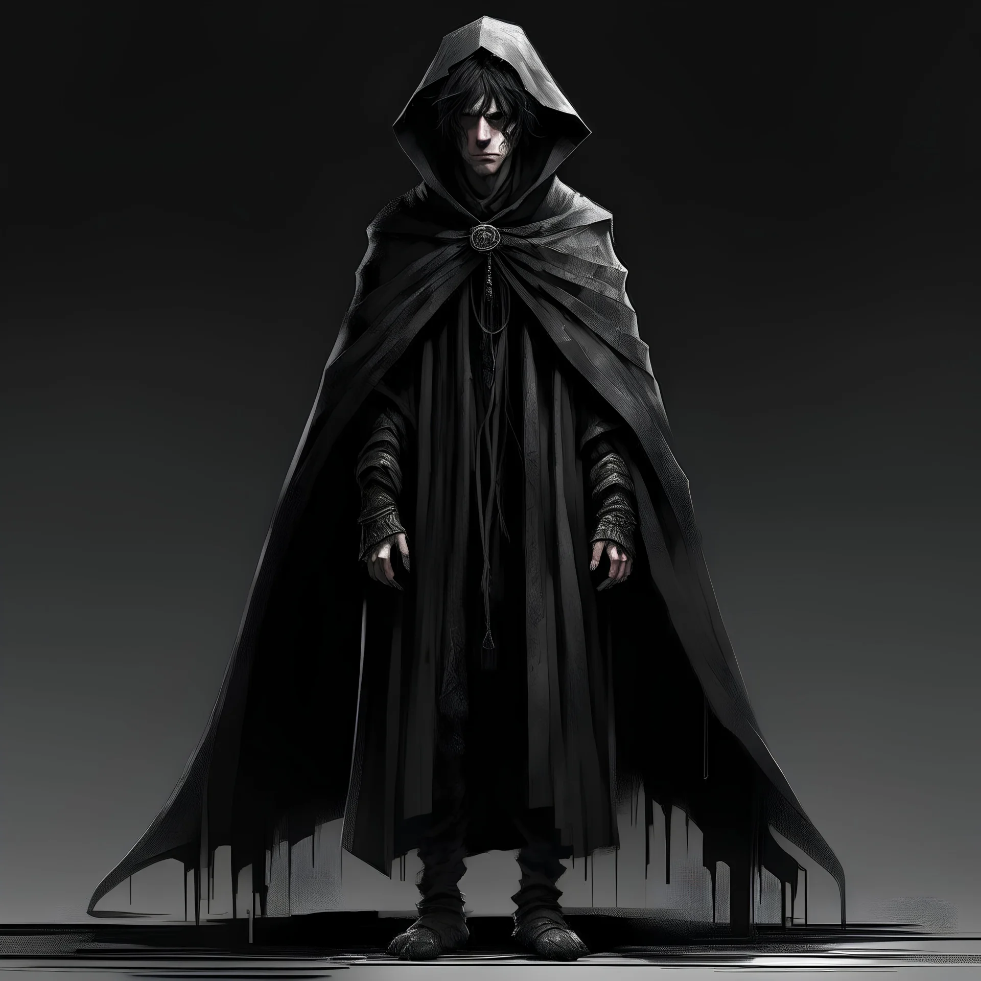 Full body nimated person with white skin, short and messy hair that is black with white streaks through it, wearing black cloak