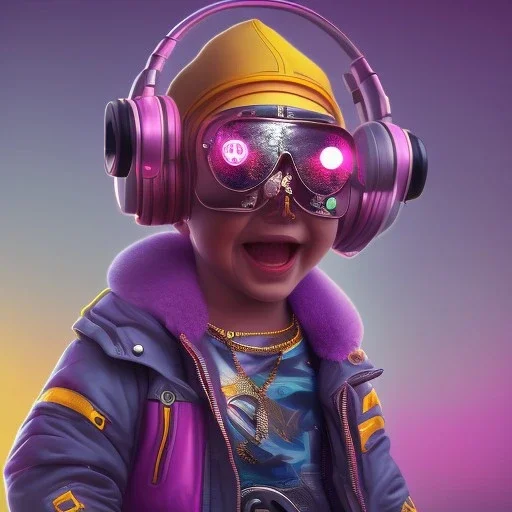 stylized Rabbit toddler, smiling, cyberpunk headphone, sunglass, gangsta gold neckless, full body, magenta puffer jacket, manila city backdrop, dramatic lighting, hyper realistic, unreal engine 5, 16k