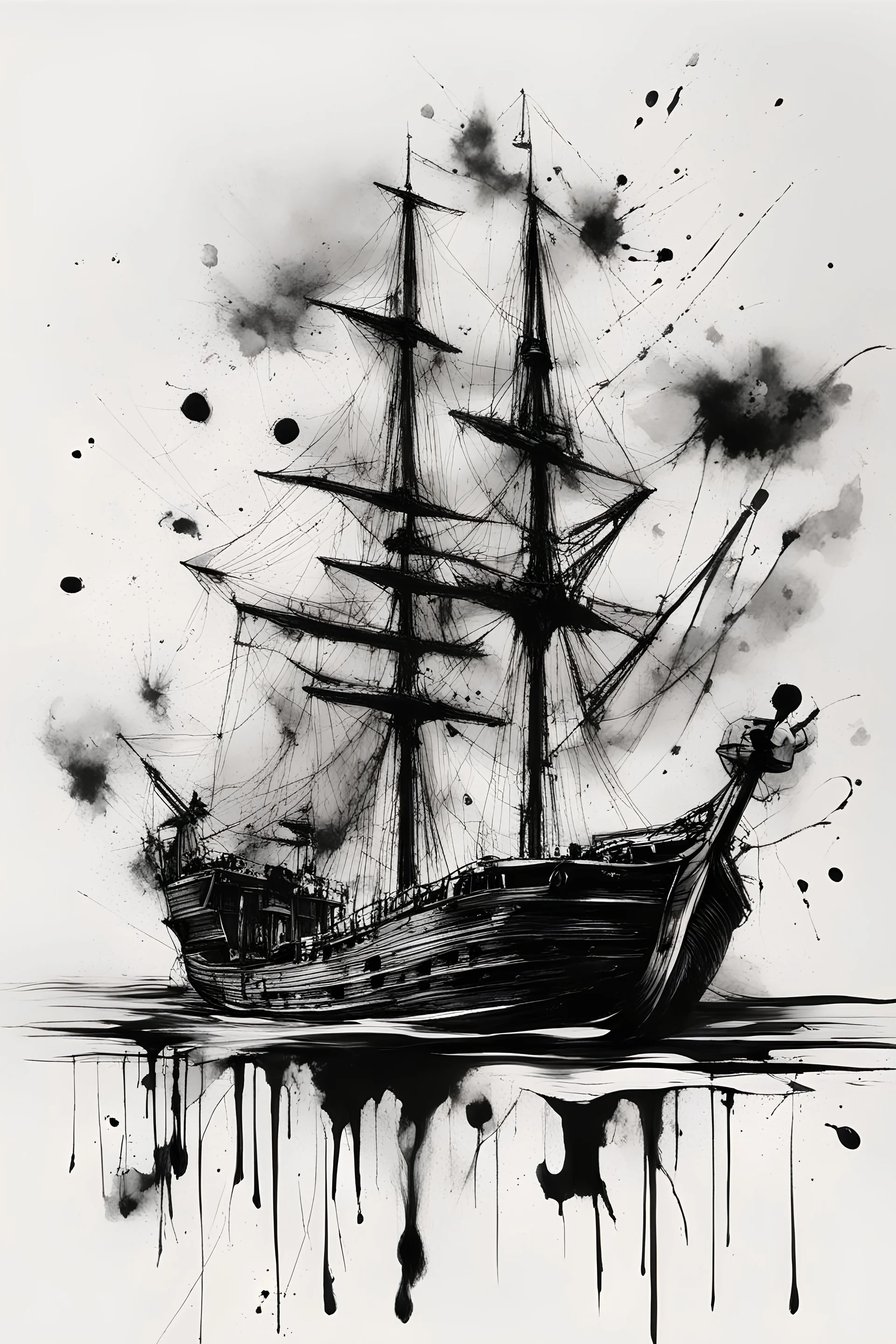 A abstract line drawing with brushstrokes and ink splatters of Deftones black ink on white background pirate boat