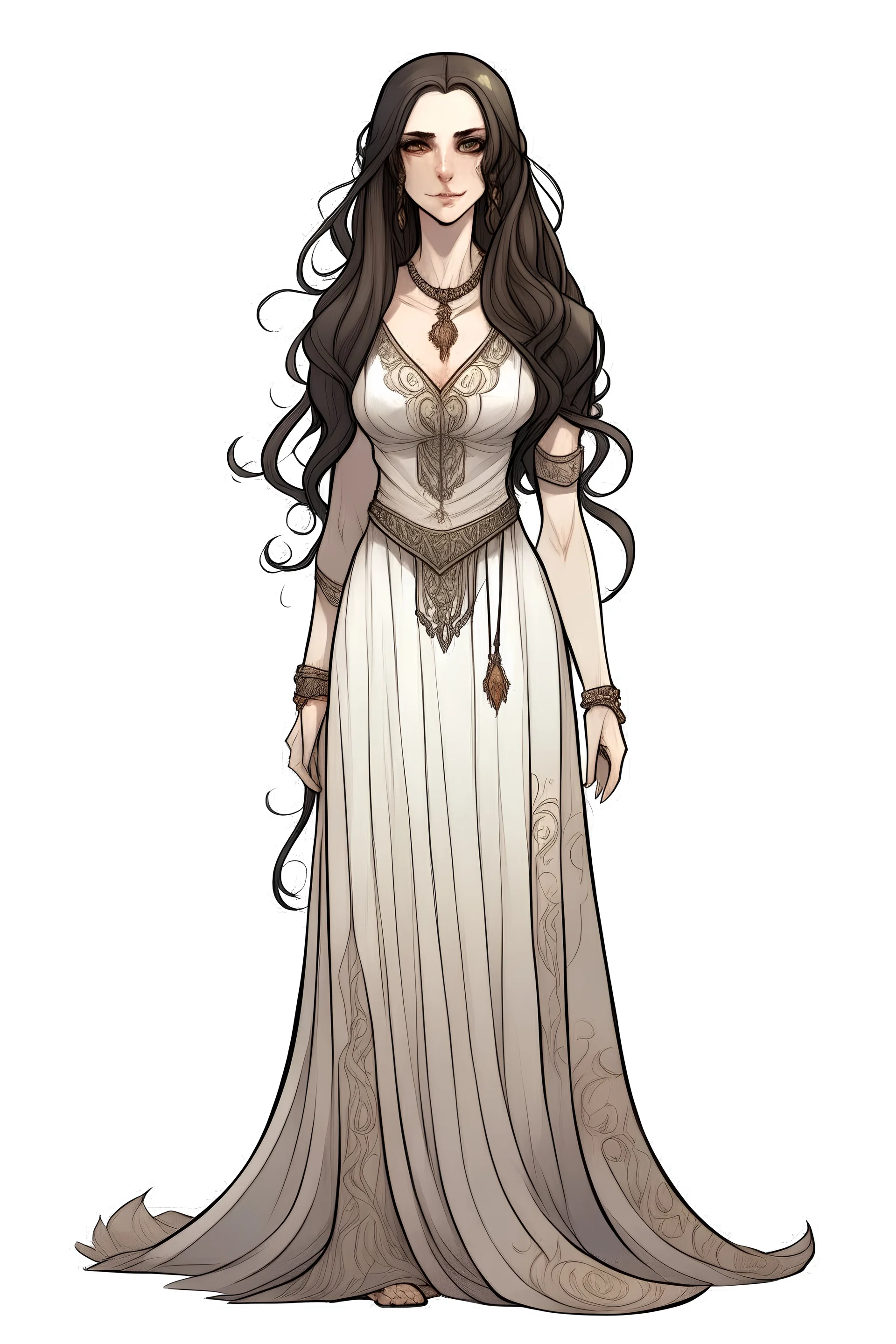 full body portrait of Cynara, the antagonist of a youth novel; she is a patron but became mean after a stroke of faith, she is beautiful and has long dark hair, her appearance is like a greek goddess